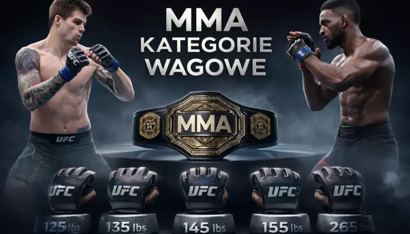 Dwóch zawodników MMA w pozycjach bojowych, pas mistrzowski i rękawice z wagami: 125, 135, 145, 155, 265 lbs. Temat: kategorie wagowe MMA.