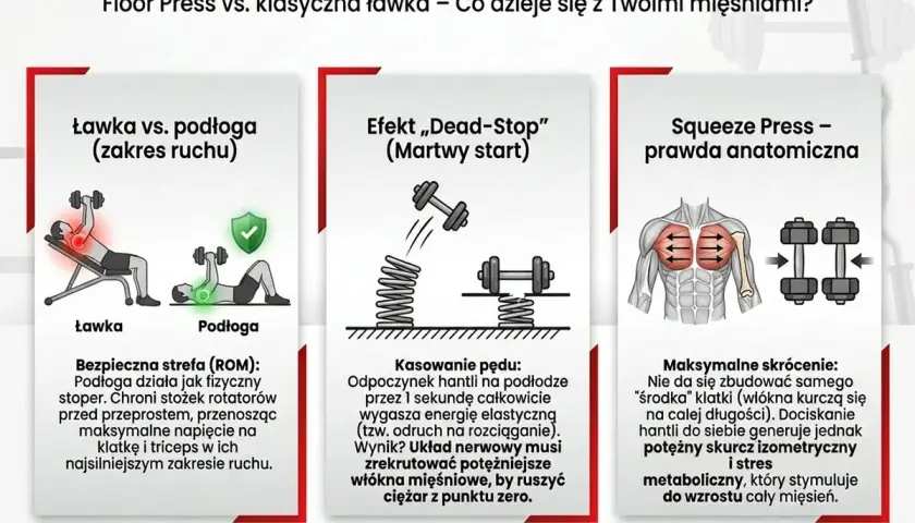 Grafika porównuje trening na ławce i podłodze, pokazując wpływ na mięsień piersiowy większy. Podkreśla bezpieczeństwo i zakres ruchu przy floor press.