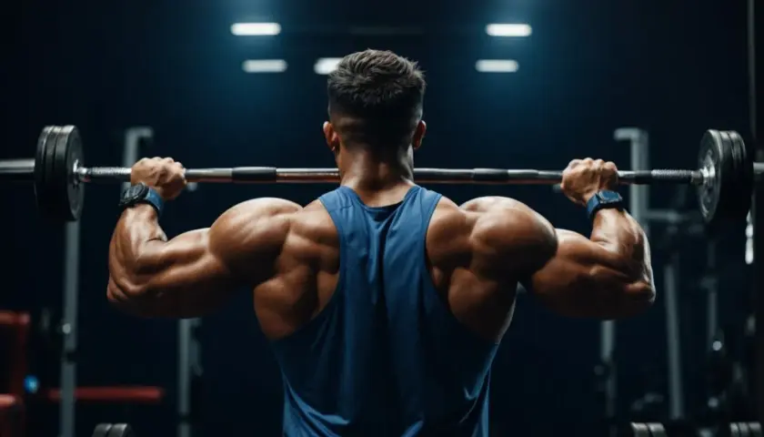 Mięśniak w niebieskiej koszulce podnosi sztangę, demonstrując siłę podczas treningu push pull legs.
