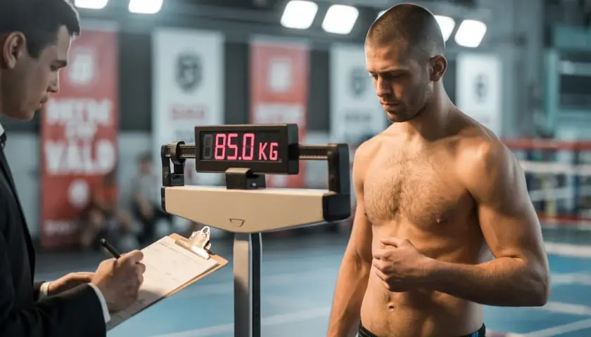 Bokser waży 85 kg przed sparingiem. Trener notuje wynik.