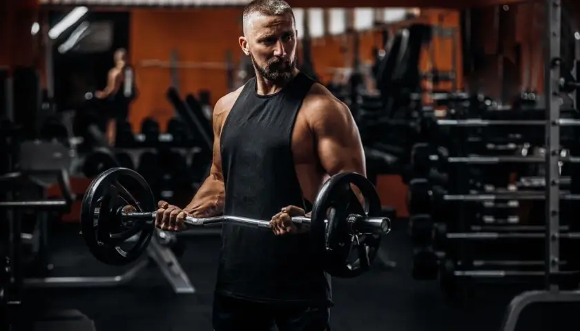 Mężczyzna z brodą ćwiczy biceps z gryfem. To inspiracja do odchudzania po 40.